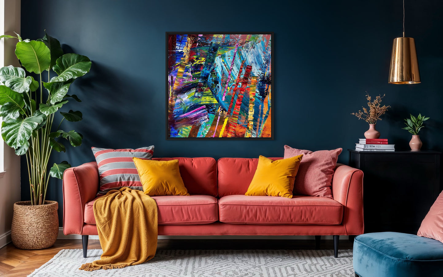 Living room with a red sofa, colorful abstract painting, and decorative elements.