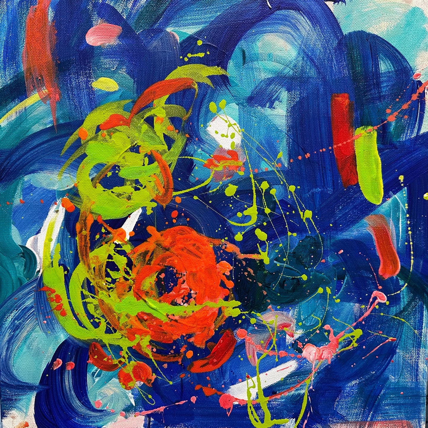 This vibrant 16” x 16” abstract acrylic painting bursts with playful energy through its dynamic blend of blues and oranges. Its lively composition invites you to explore a world of color and movement, perfect for adding a cheerful and artistic touch to any space.