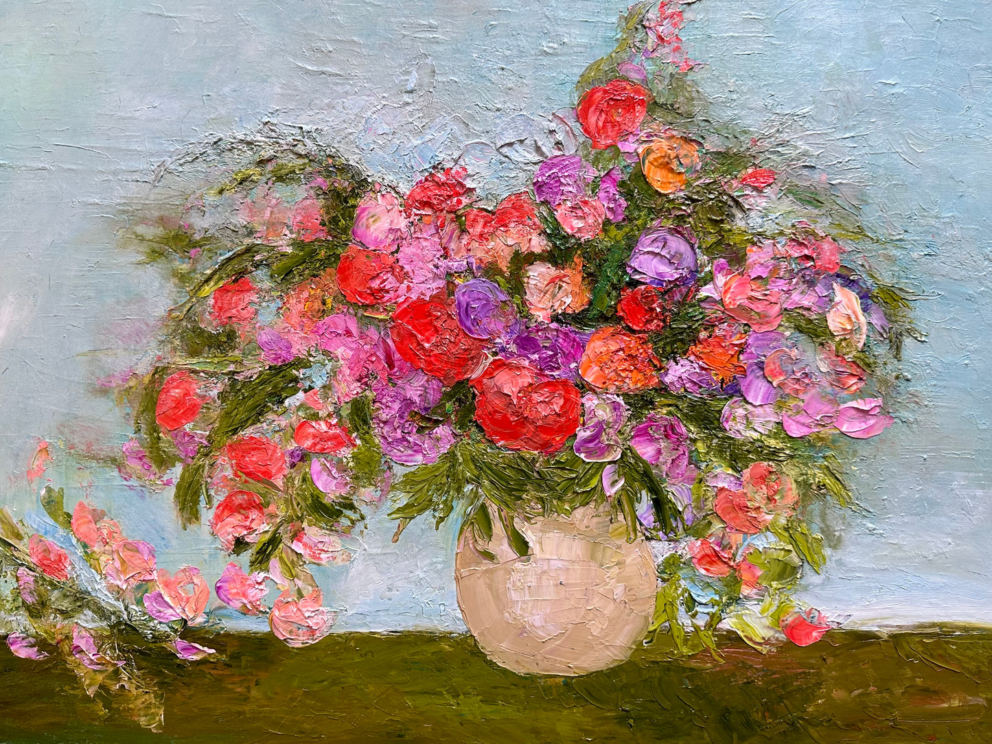 Abstract impressionist oil painting of a bouquet of roses.