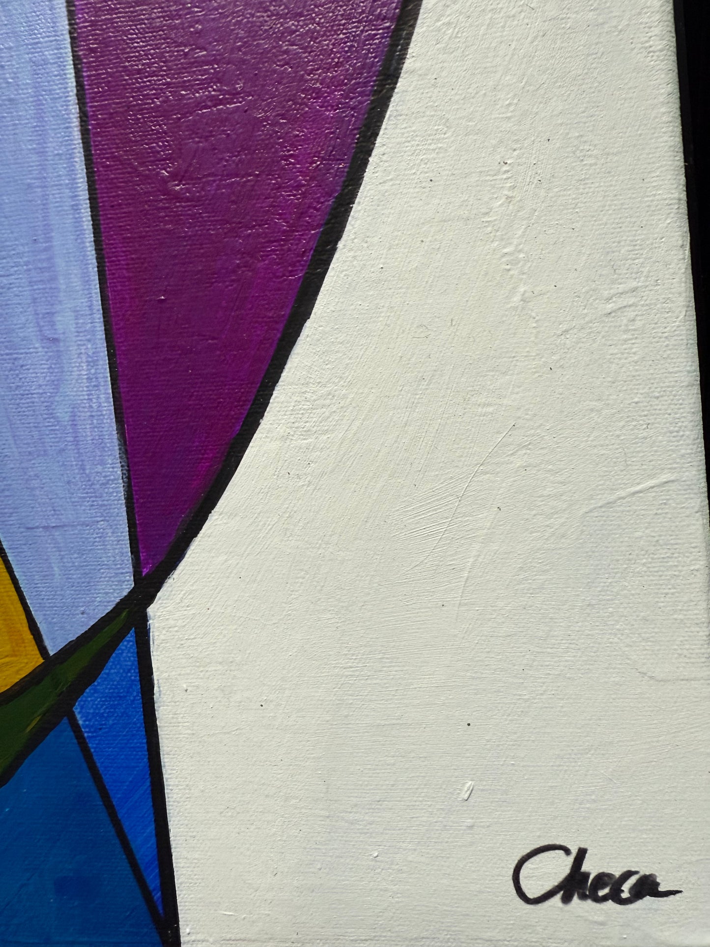Abstract art with geometric shapes on a textured white background, signed 'Checa'.