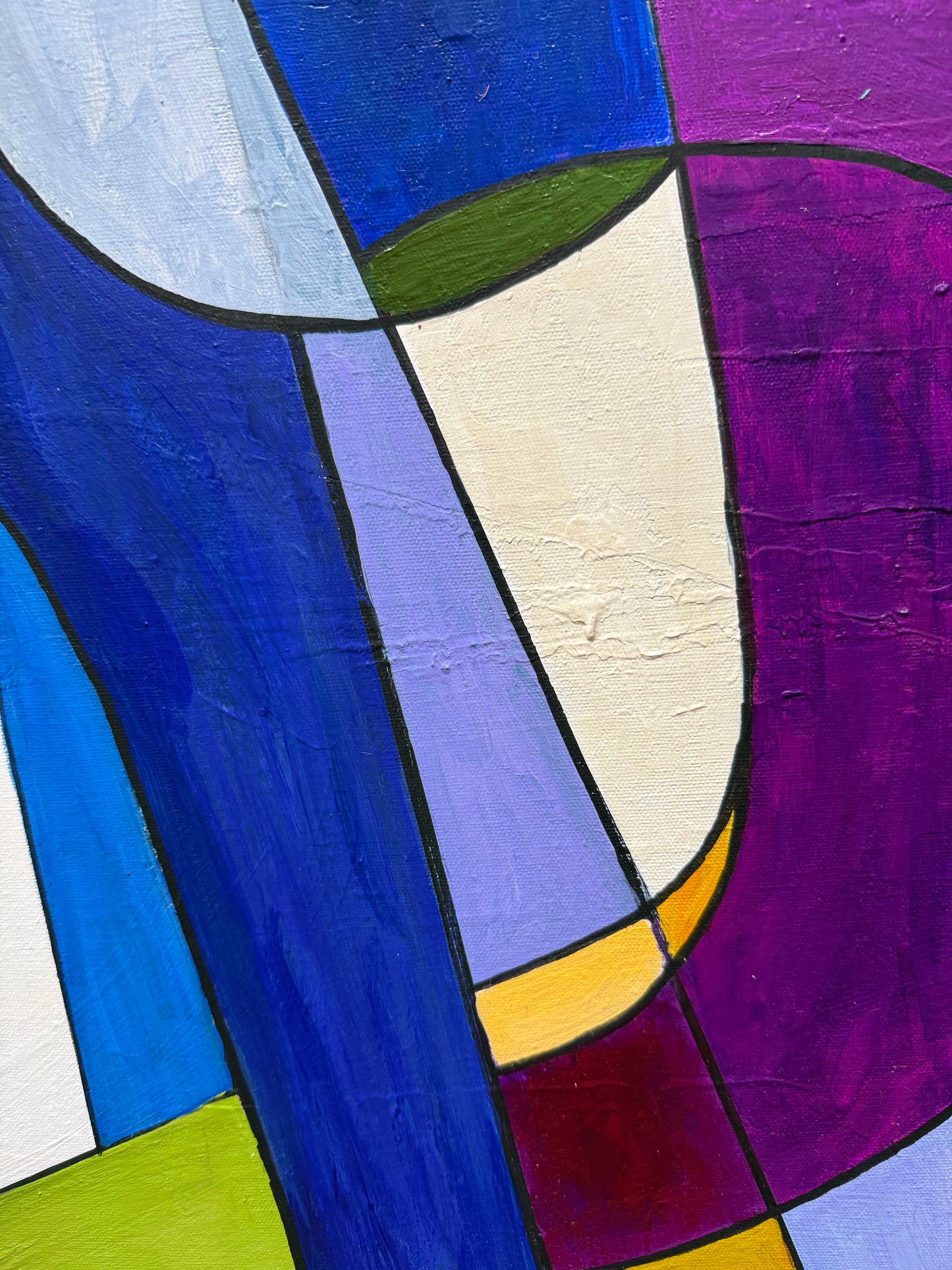 Abstract art piece with geometric shapes in purple, blue, white, yellow, and green.