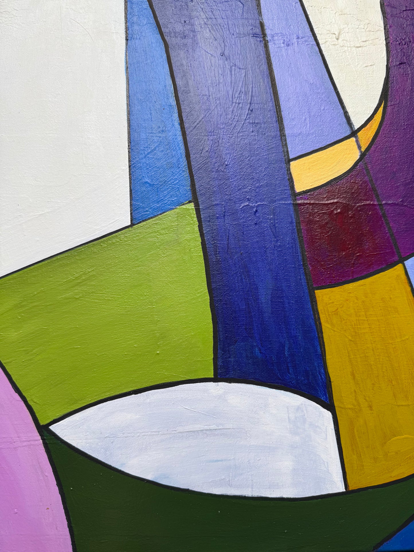 Abstract art with geometric shapes in various colors on a textured surface.
