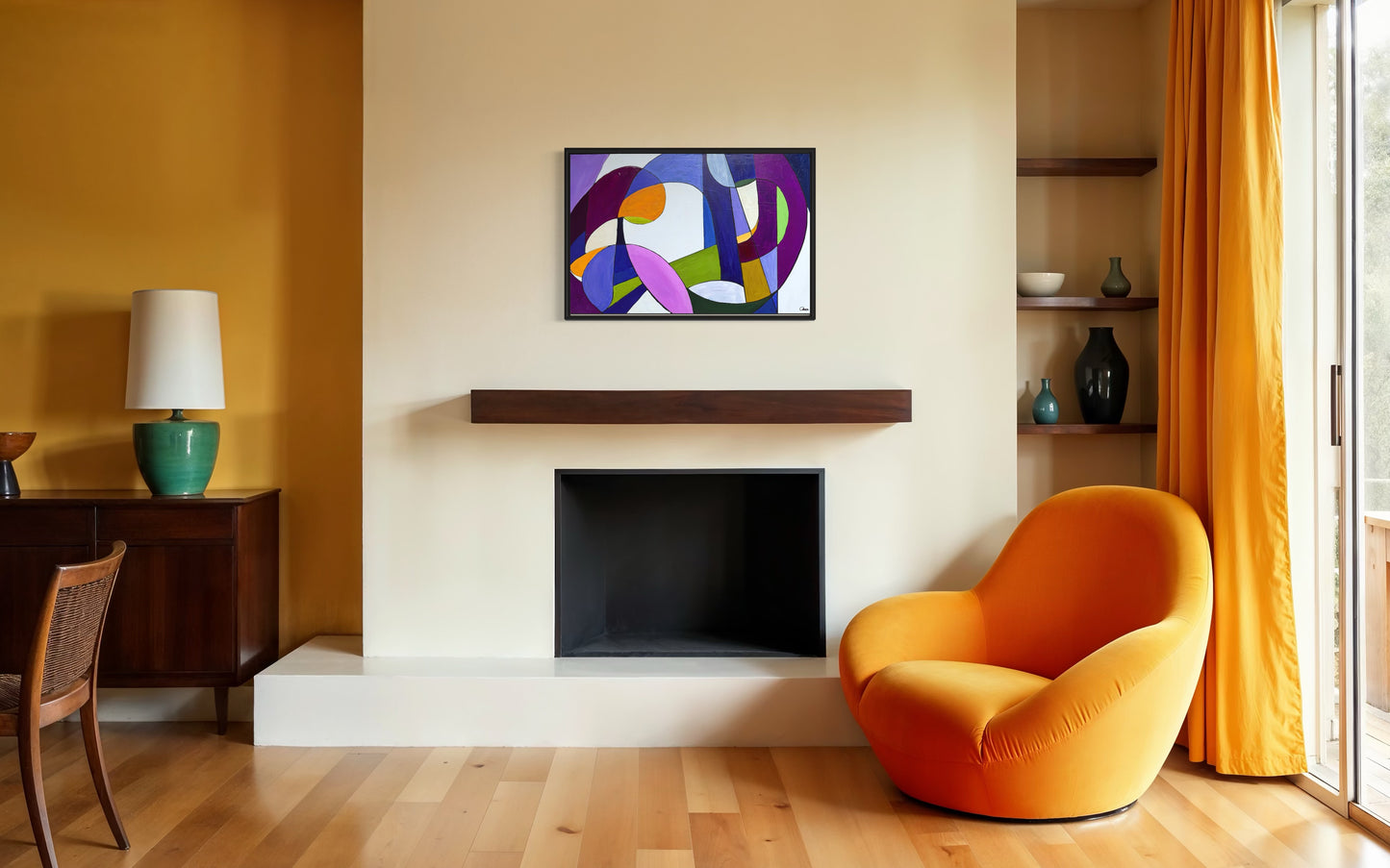 Modern living room with orange armchair, abstract painting, and fireplace.
