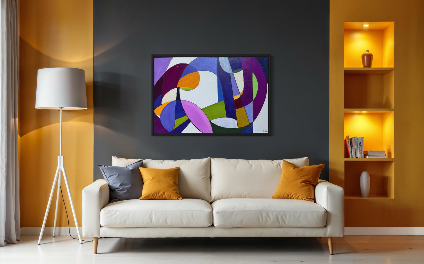 Modern living room with a colorful abstract painting on a gray wall.