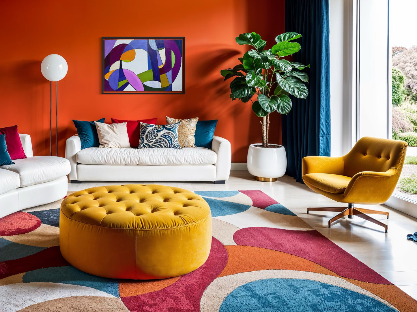 Modern living room with colorful decor, including a yellow ottoman, chair, and abstract painting on an orange wall.