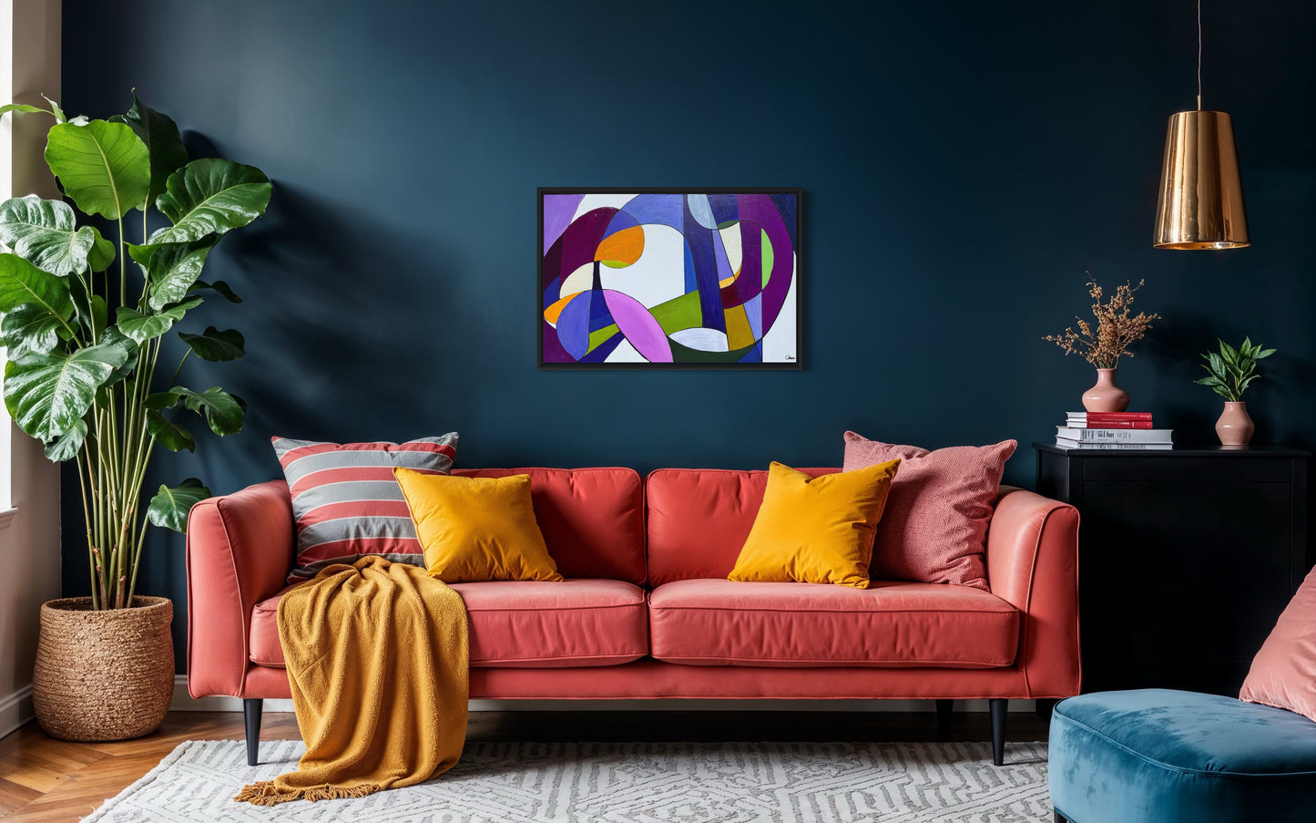 Living room with a red sofa, colorful abstract painting, and decorative elements.