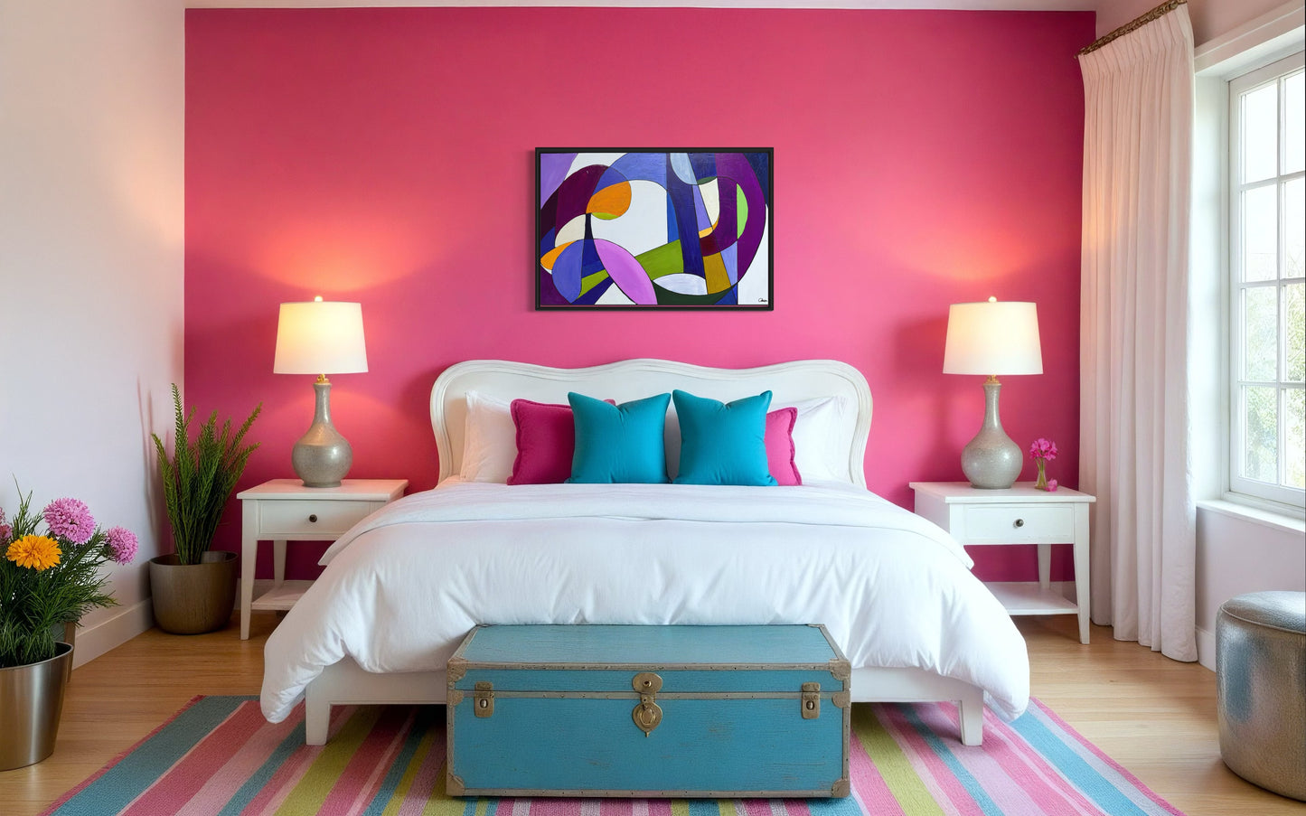 Colorful bedroom with pink wall, abstract art, and striped rug.