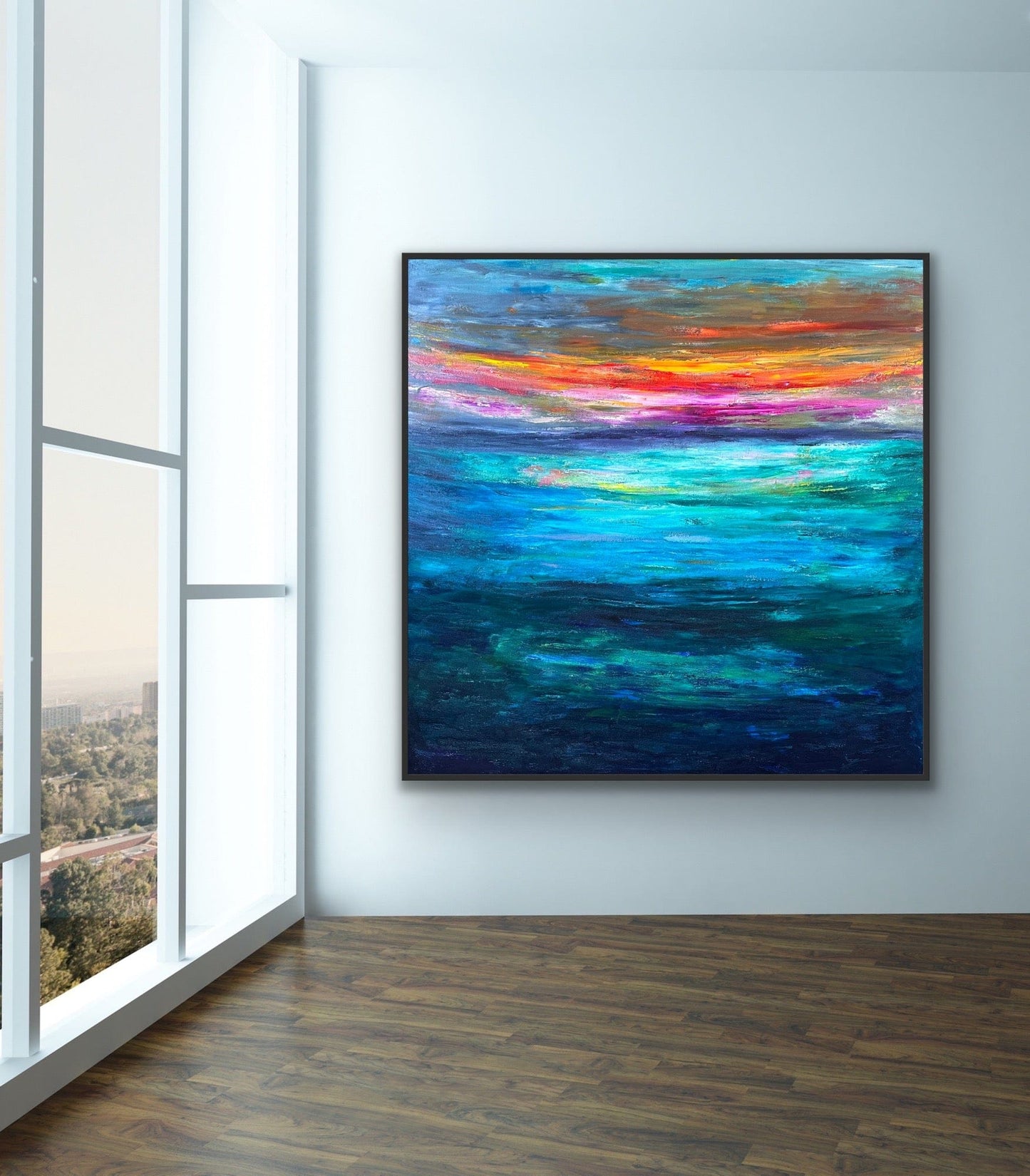 Sunset Dream colorful abstract sunset painting by Maria-Victoria Checa displayed in a modern living room interior