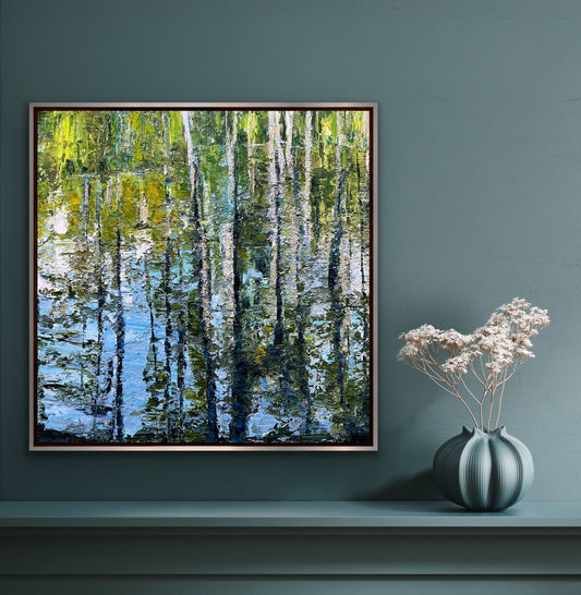 Water Reflection of Cypresses Painting, OIL, 24" x 24"