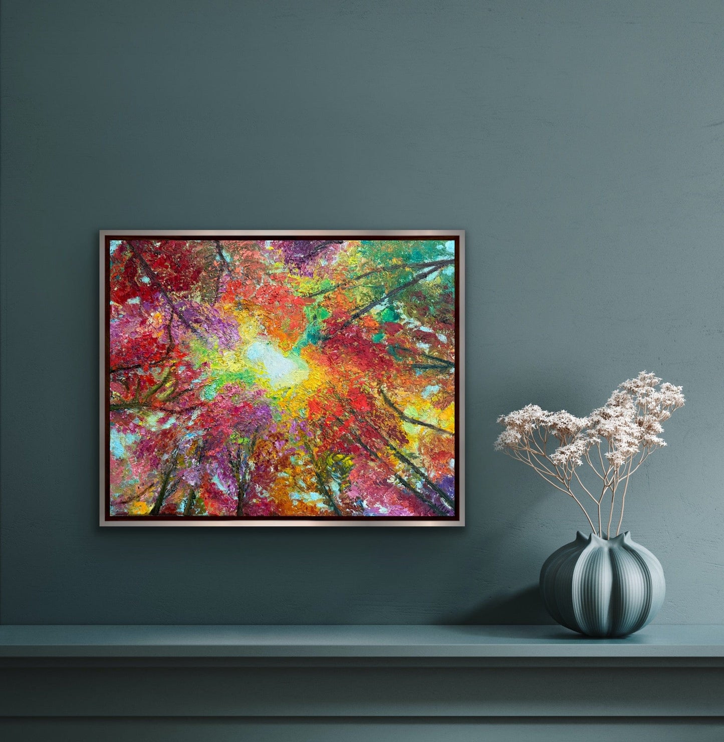 Welcome Fall! impressionist autumn landscape painting in silver frame on teal wall, colorful fall foliage art by Maria-Victoria Checa