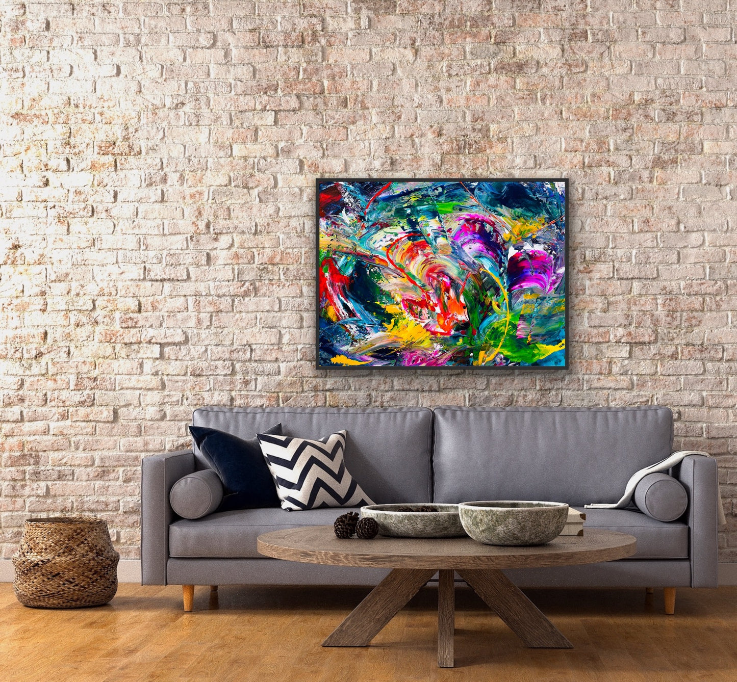 Abstract acrylic painting of a tumultuous scene in greens and blues with tones of reds and purples.
