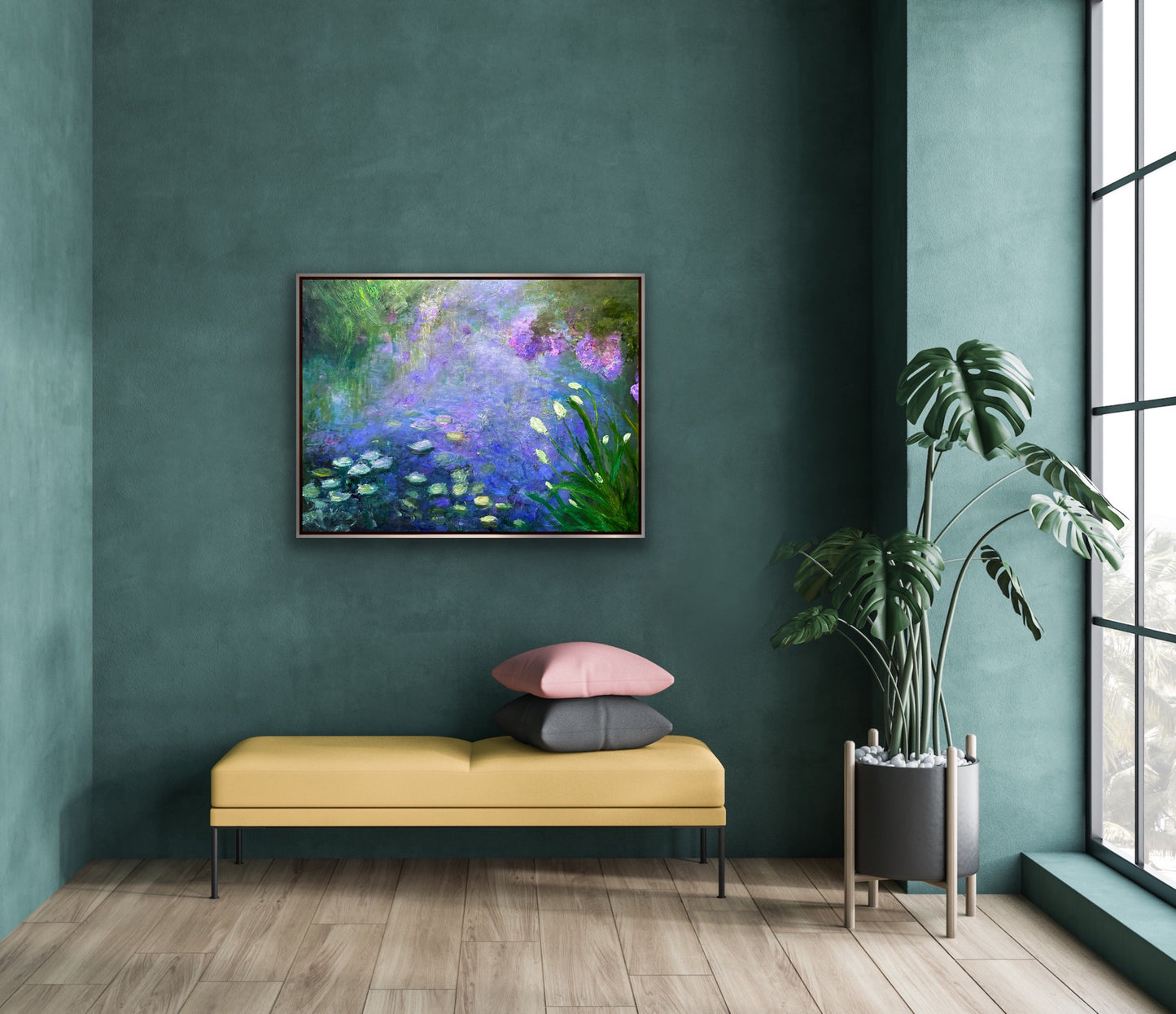 Monet-inspired abstract impressionist oil painting of a water lily scene in tones of lavenders, pinks and greens.