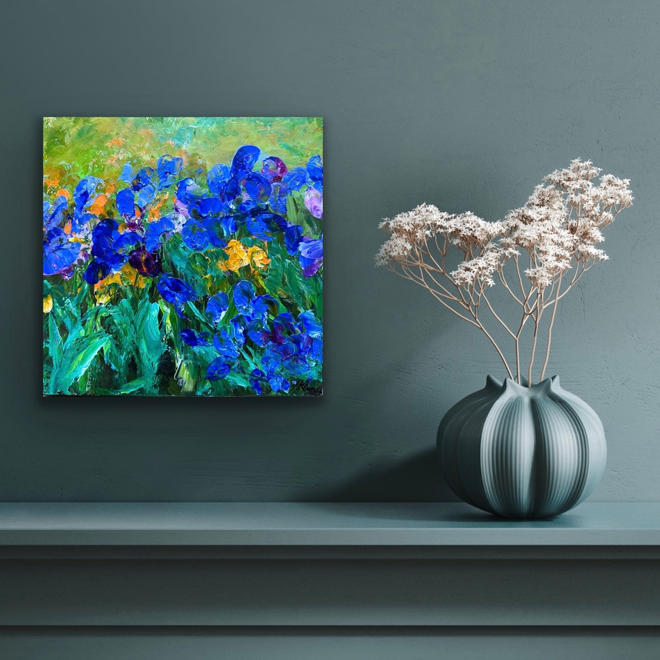 Blue Irises, ACRYLIC, 12" x 12" Featured in the SHEIN/MOTF Maria-Victoria Checa 2024 Summer Collection.