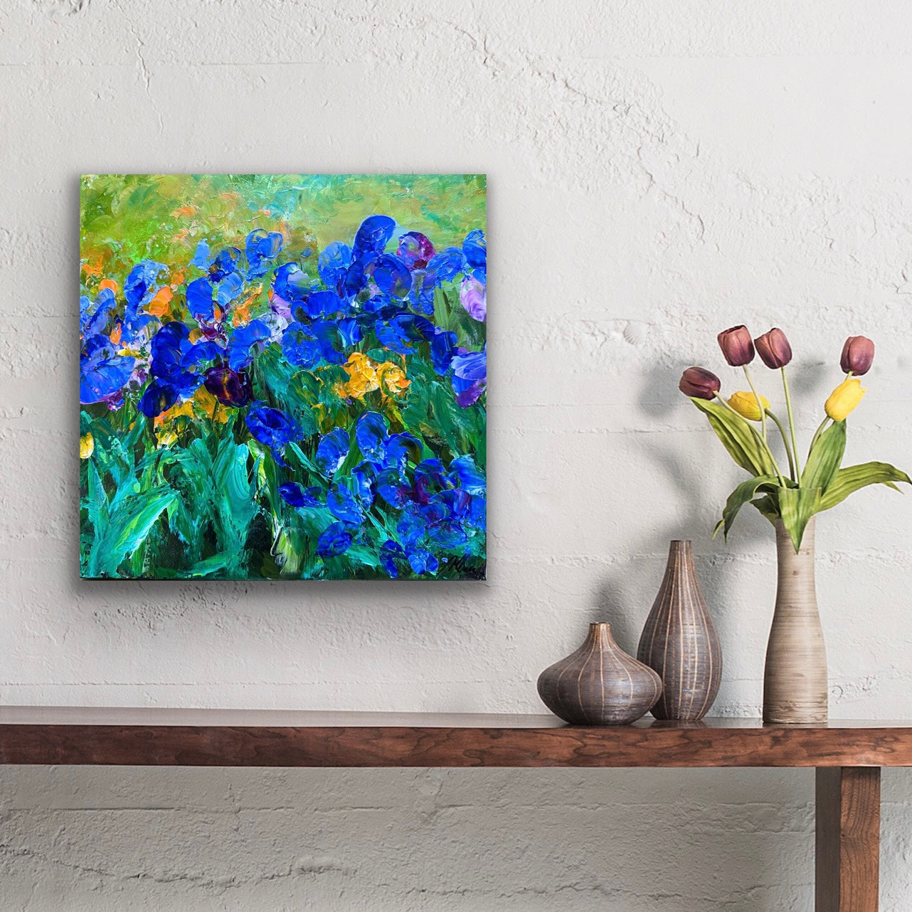 Blue Irises, ACRYLIC, 12" x 12" Featured in the SHEIN/MOTF Maria-Victoria Checa 2024 Summer Collection.