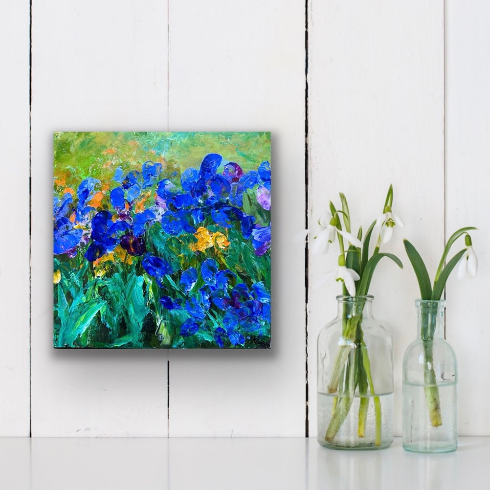 Blue Irises, ACRYLIC, 12" x 12" Featured in the SHEIN/MOTF Maria-Victoria Checa 2024 Summer Collection.
