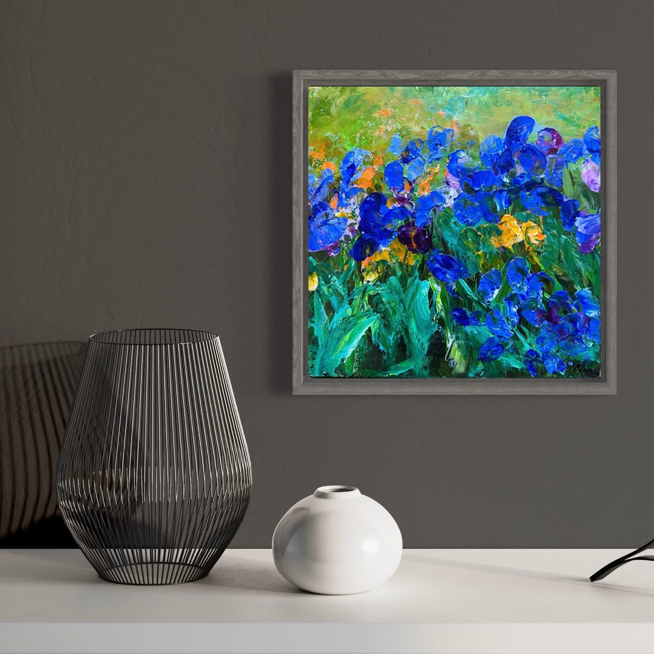 Blue Irises, ACRYLIC, 12" x 12" Featured in the SHEIN/MOTF Maria-Victoria Checa 2024 Summer Collection.
