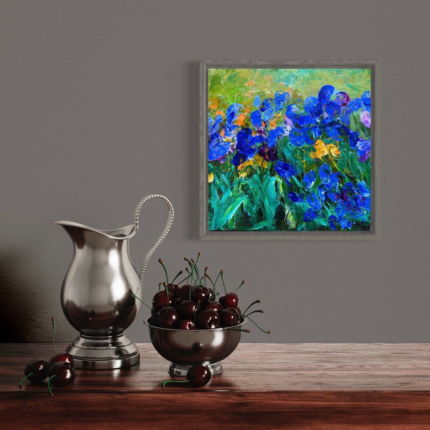 Blue Irises, ACRYLIC, 12" x 12" Featured in the SHEIN/MOTF Maria-Victoria Checa 2024 Summer Collection.