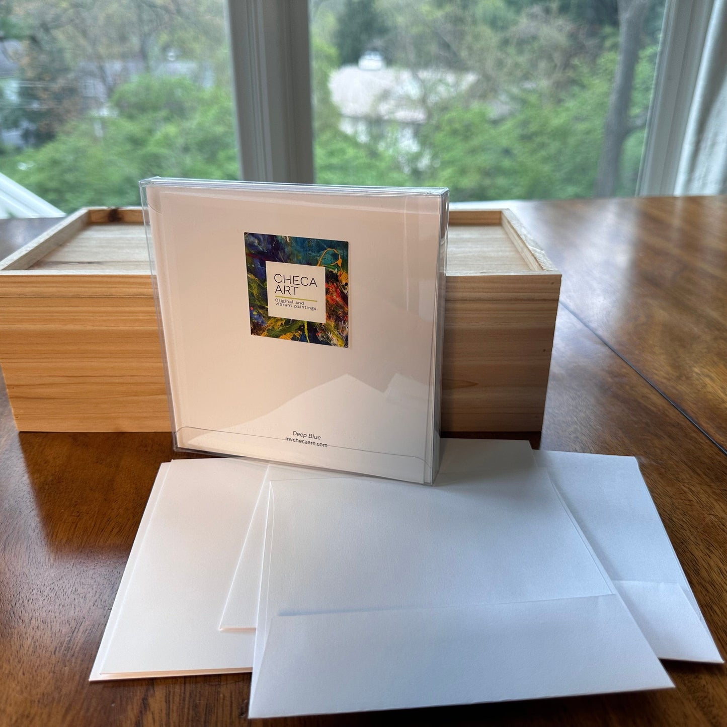 Back of box of seven greeting cards by Checa Art