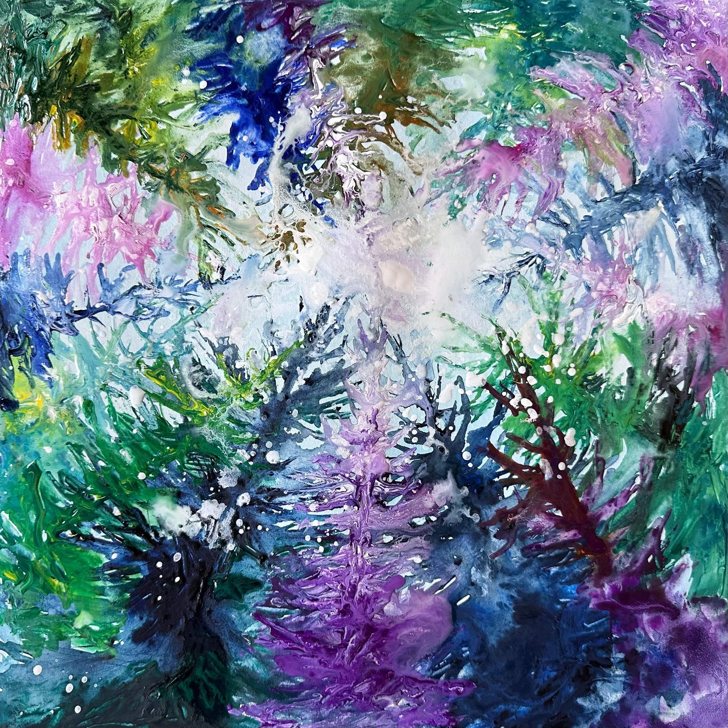 )riginal 12x12 watercolor painting Let It Snow of swirling winter pines in blue, green, and violet by Washington DC artist Maria-Victoria Checa