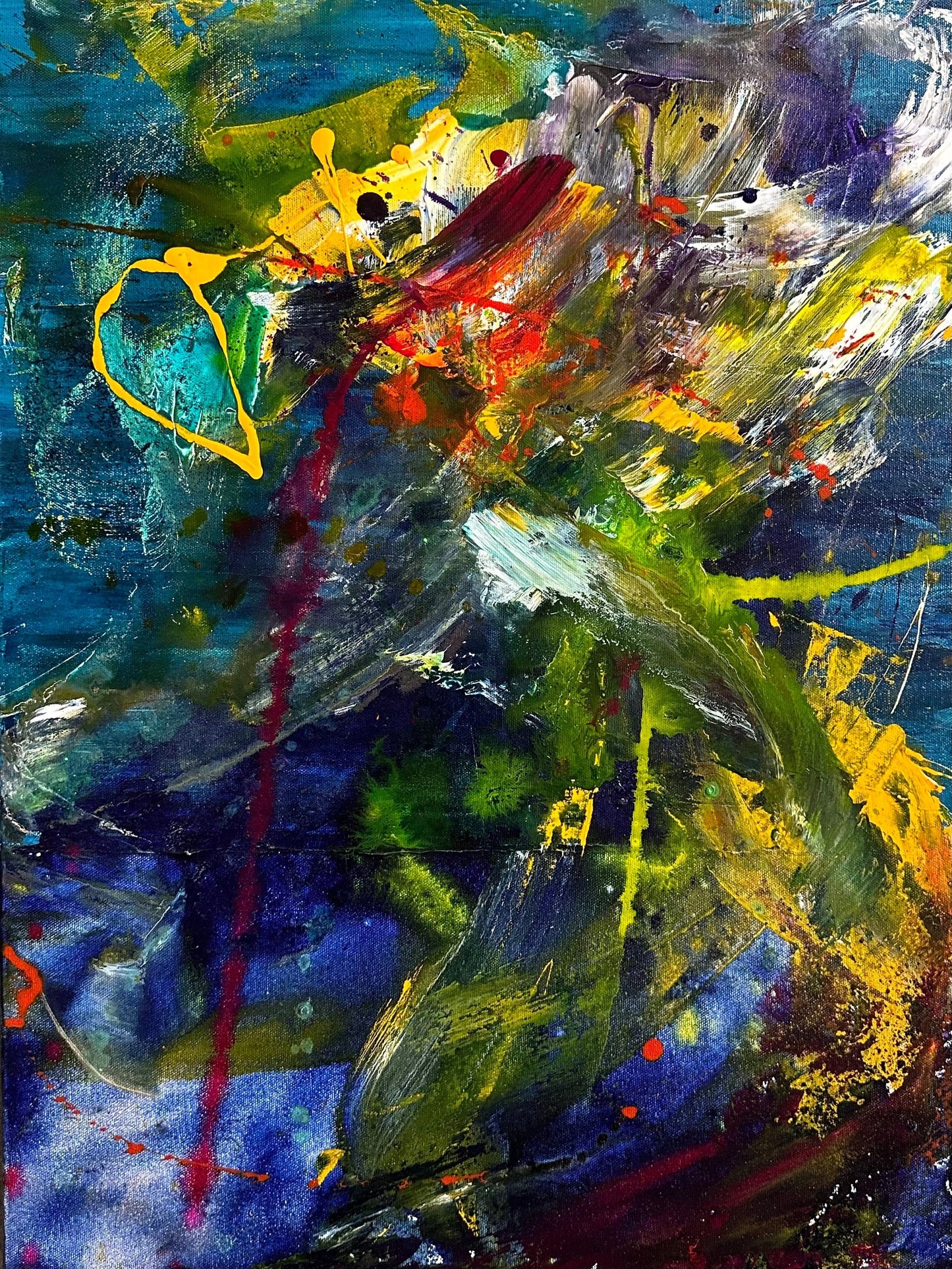 Moonstruck abstract acrylic painting by Maria-Victoria Checa, dark teal background with expressive yellow, green and red brushwork