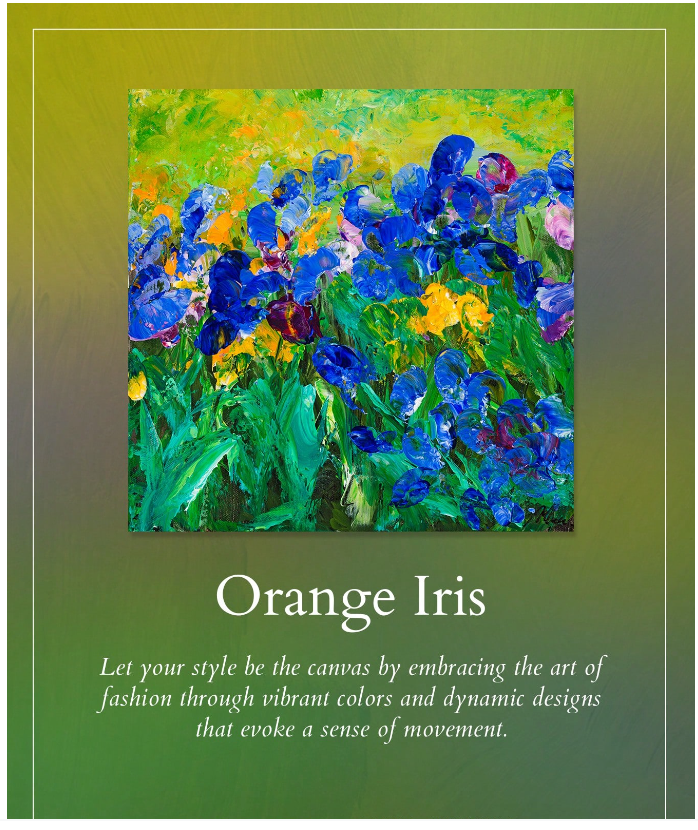 Blue Irises, ACRYLIC, 12" x 12" Featured in the SHEIN/MOTF Maria-Victoria Checa 2024 Summer Collection.