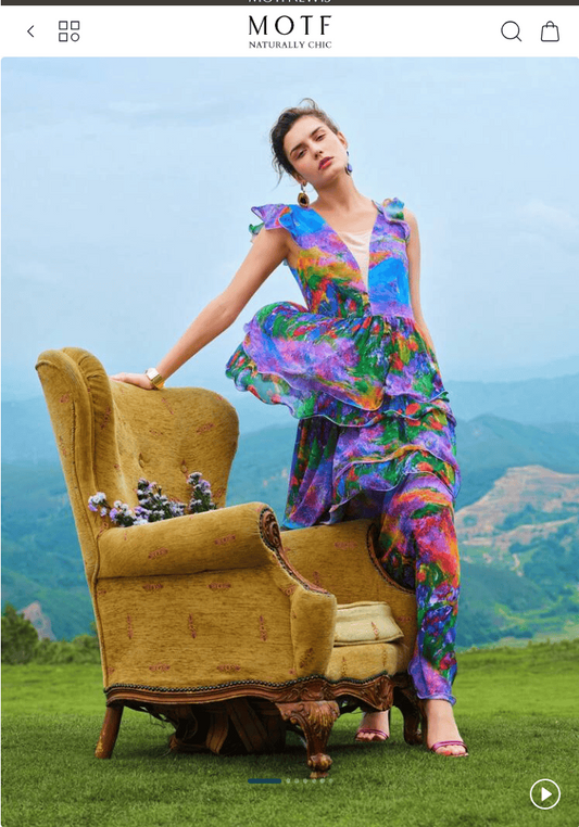 Purple Range painting by Maria-Victoria Checa featured in MOTF Checa Art Collection Spring 2024 fashion campaign