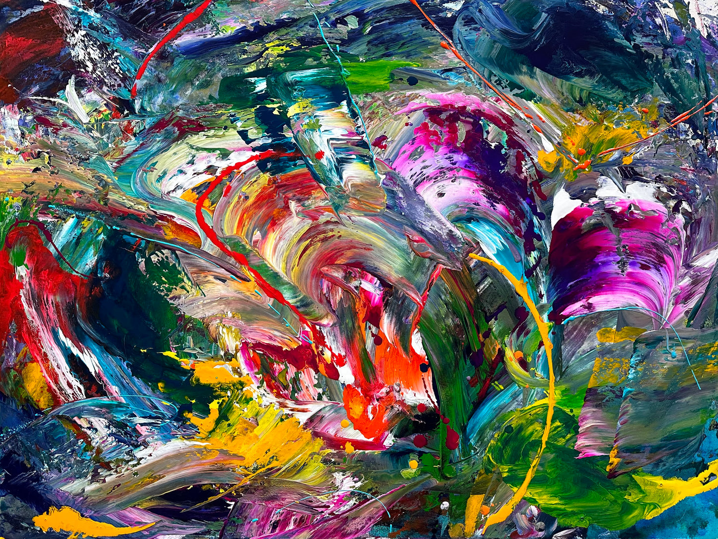 Abstract movement acrylic painting in tones of blues and greens with touches of oranges and purples.