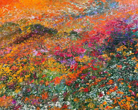 Abstract oil painting of California superblooms in reds, oranges and pinks.