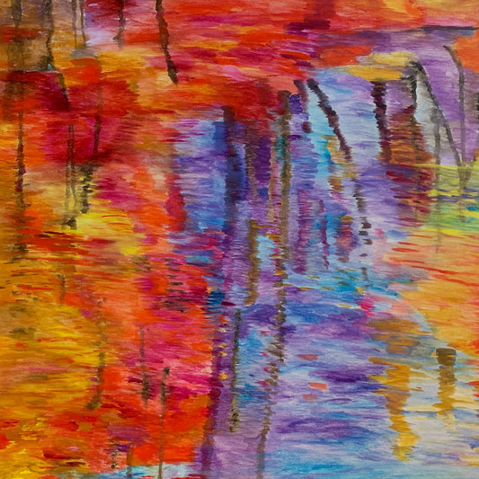 Abstract water reflection acrylic painting in tones of oranges and lavender blues.