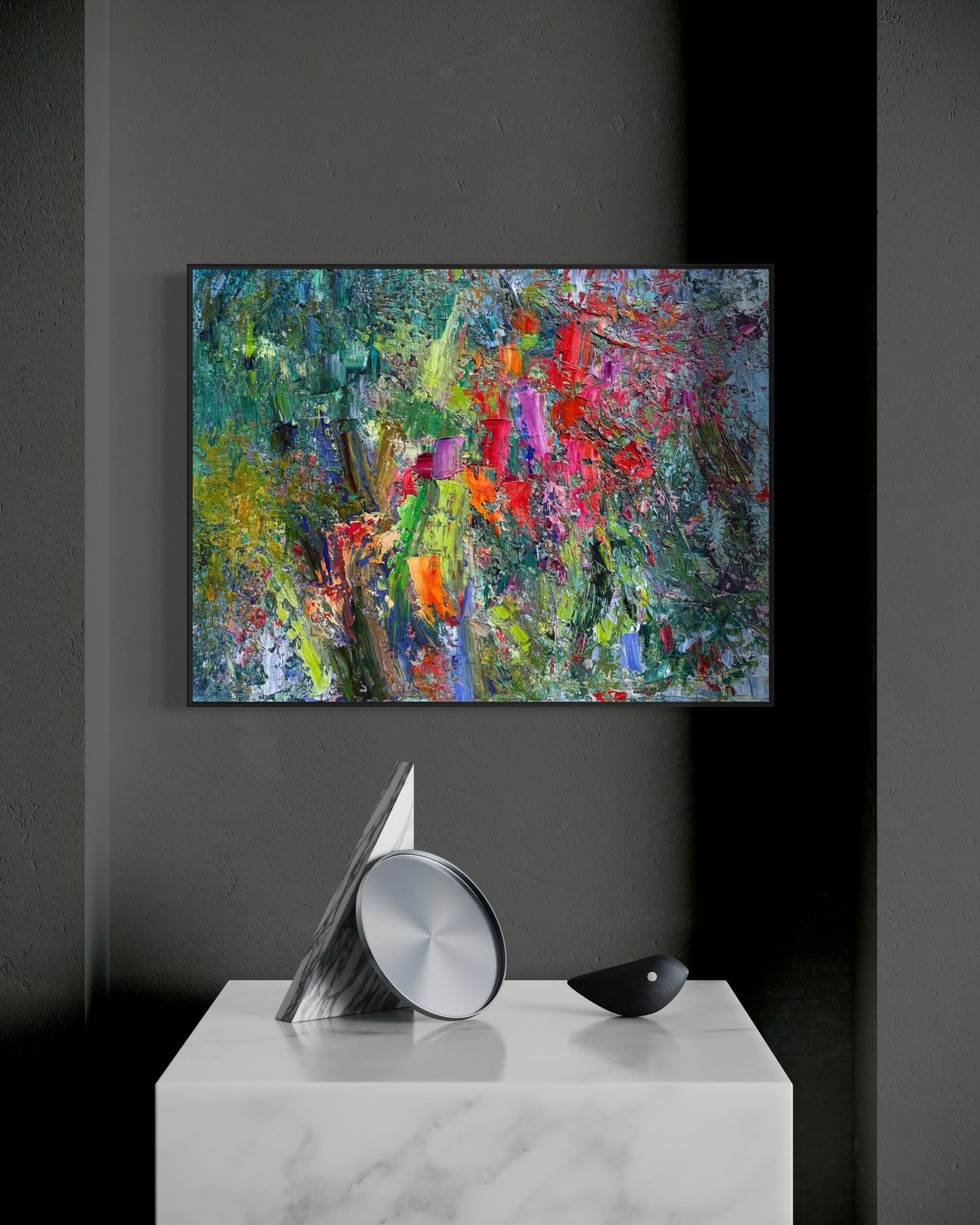 Abstract flower field oil painting on a neutral wall above a minimalist bench and pedestal in a contemporary interior