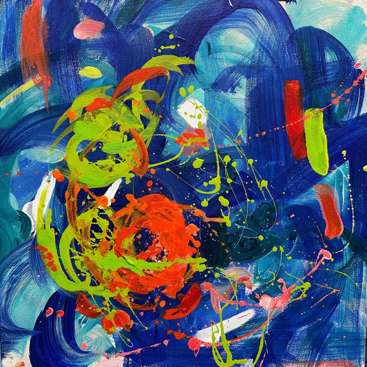 Abstract Painting II, original abstract acrylic painting by Maria-Victoria Checa, 16x16 in, deep blue with orange, red and chartreuse gestural marks