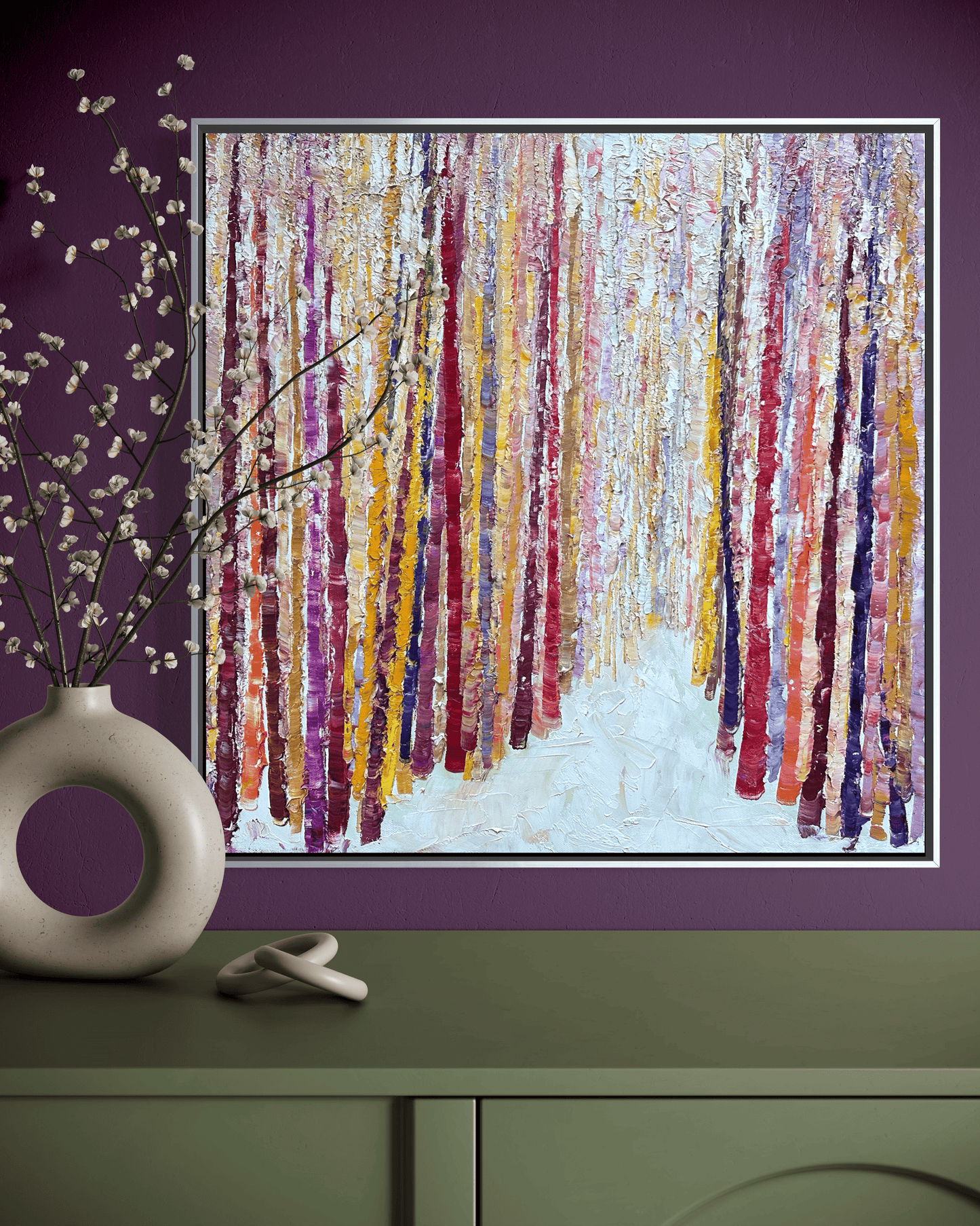 Bamboo Path abstract oil painting displayed on a purple wall above a green console with a sculptural vase, artwork by Maria-Victoria Checa.