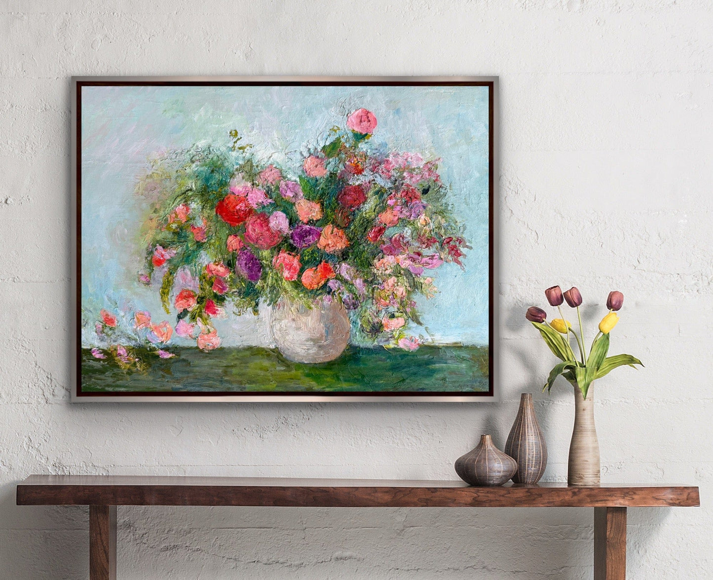 Bouquet of Roses original oil painting styled as living room wall art above a console table, Maria-Victoria Checa