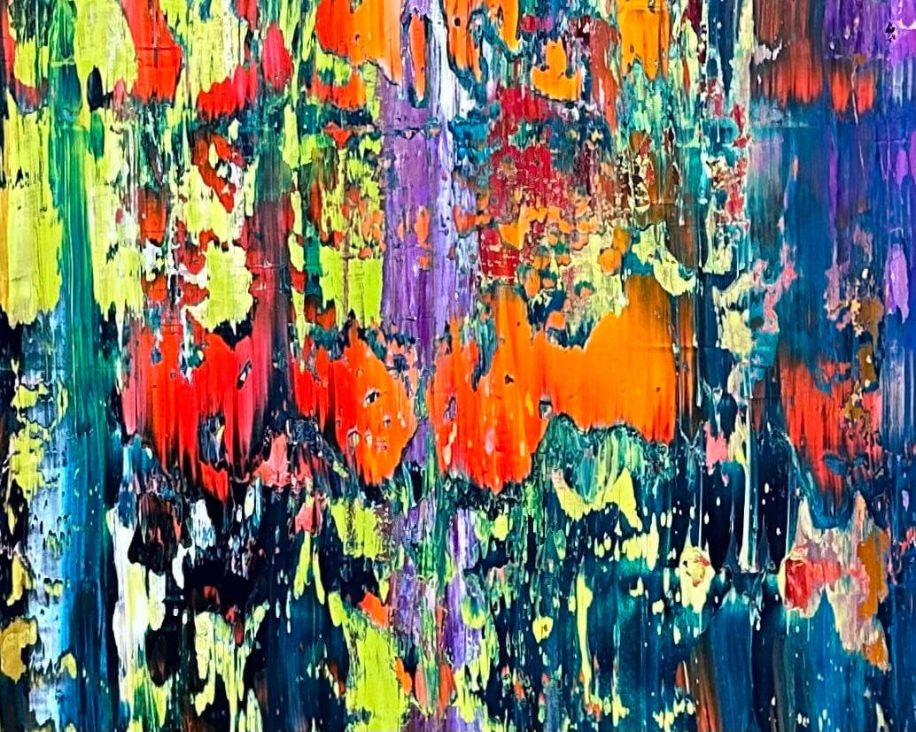Detail of Cognac abstract painting by Maria-Victoria Checa, featuring vibrant palette-knife textures in neon green, orange, blue, purple, and red.