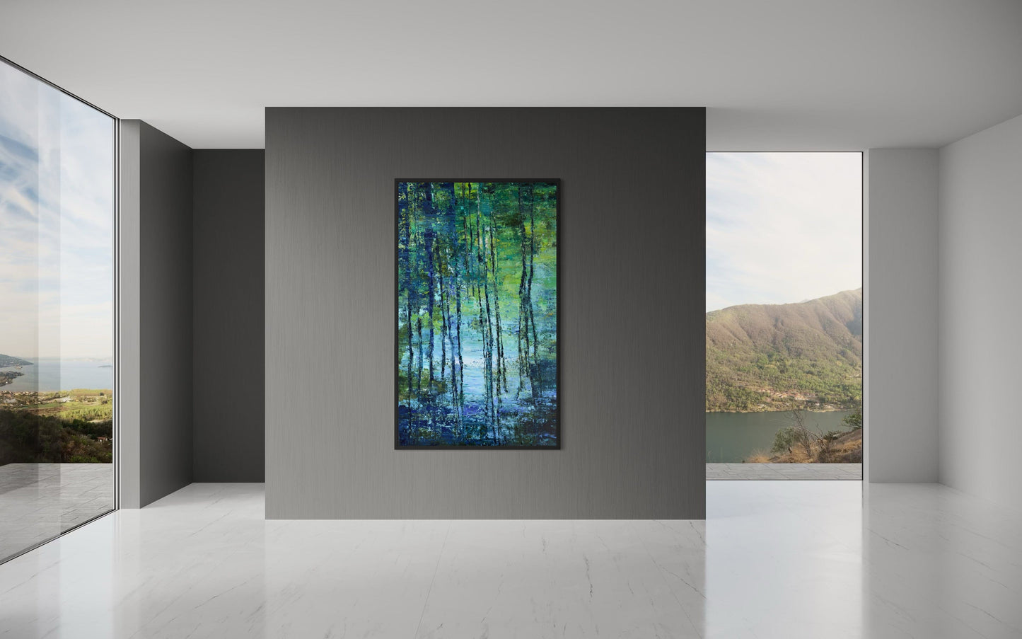 Cypress Gardens Reflection 3 by Maria-Victoria Checa hanging in a modern minimalist interior with floor-to-ceiling windows and grey walls.