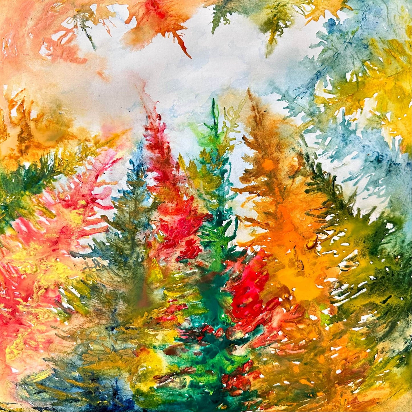 Hope — original 12x12 watercolor painting of a solitary evergreen surrounded by amber, coral, and golden autumn foliage by Washington DC artist Maria-Victoria Checa