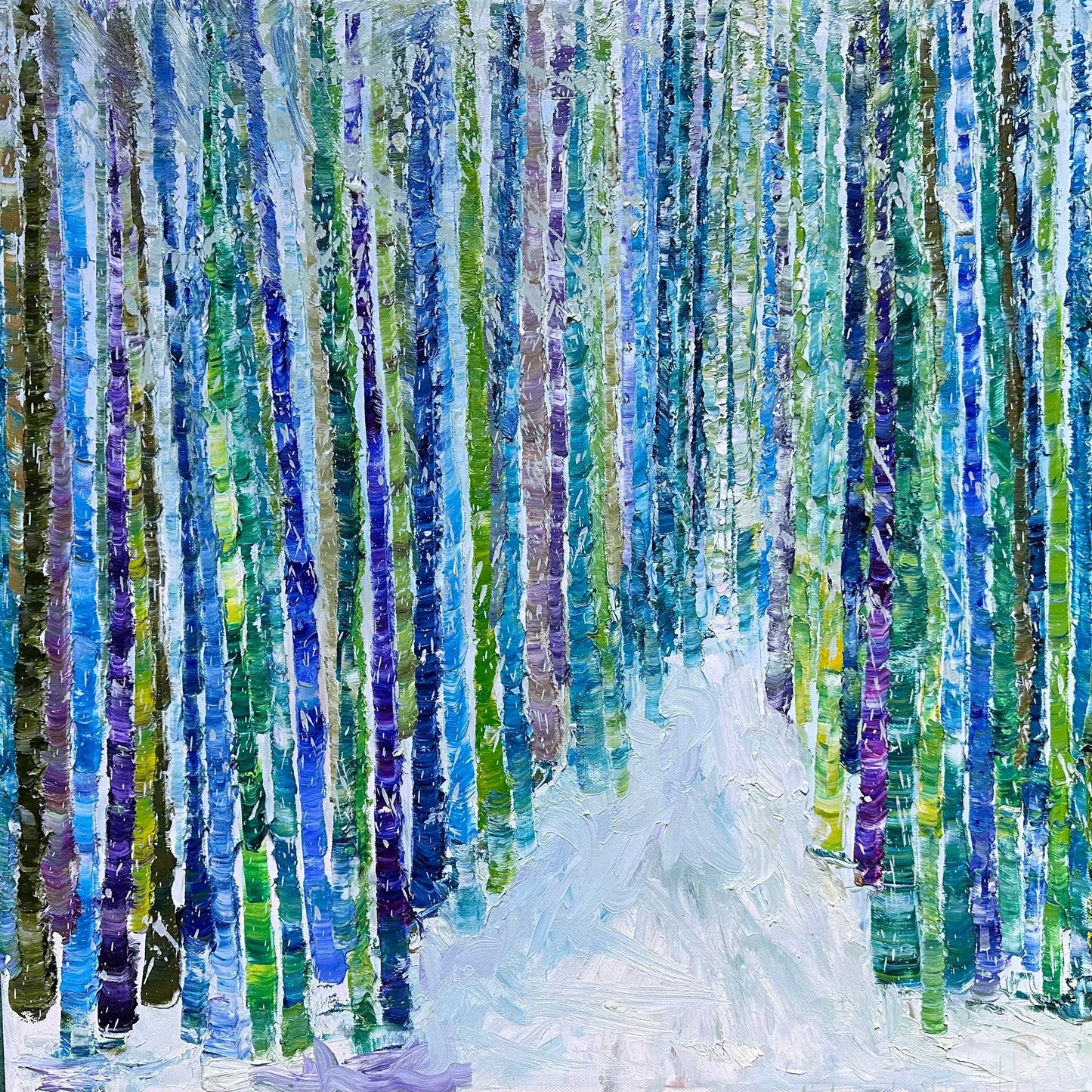 Impressionist landscape painting by Maria-Victoria Checa of a bamboo forest with vertical blue and green brushstrokes.
