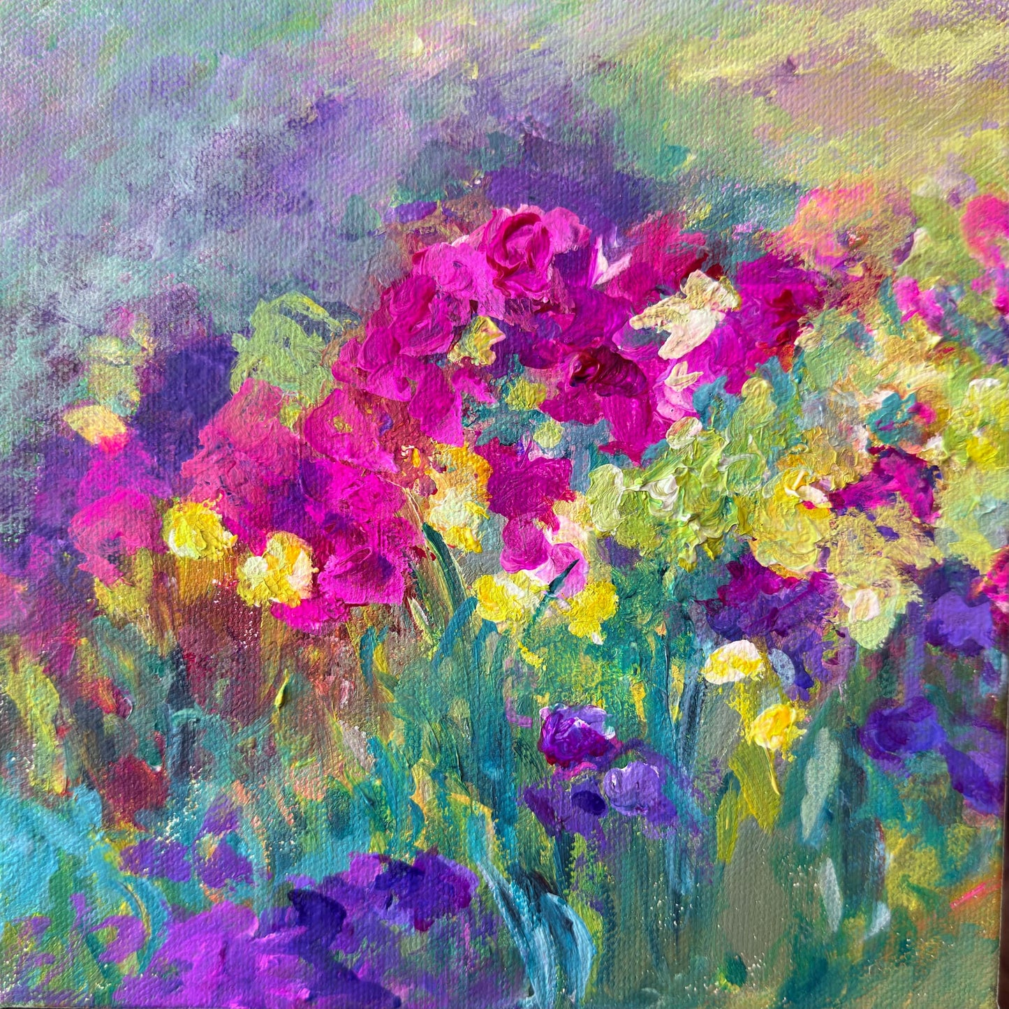 Magenta Garden, original impressionist floral painting by Maria-Victoria Checa, 8x8 inches (20.3x20.3 cm) acrylic on canvas, Miniature Impressions series, Washington DC artist