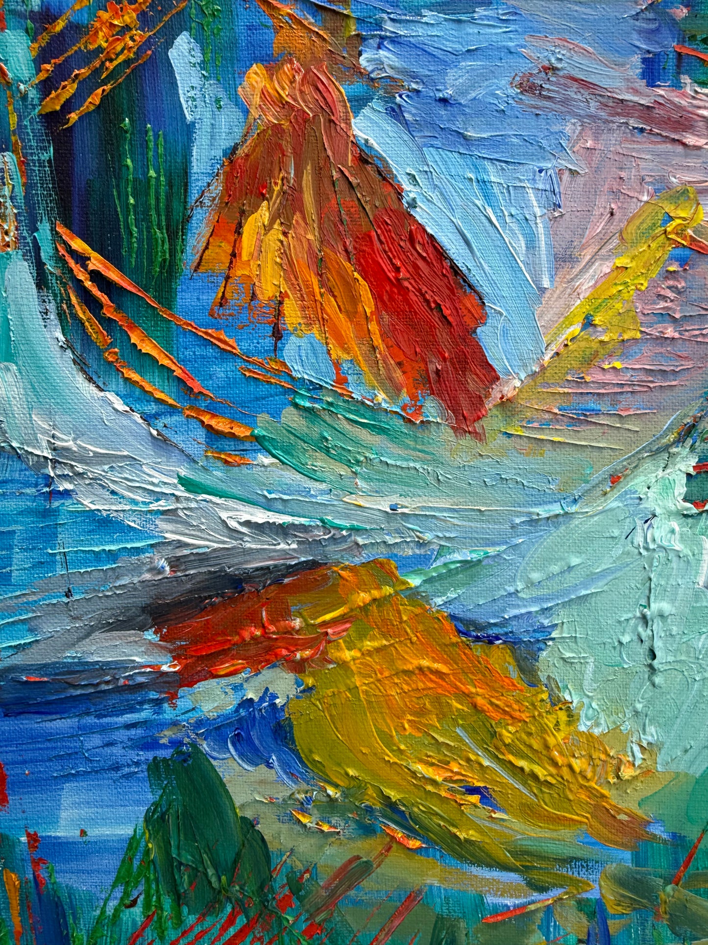 Detail of Rain Forest abstract painting highlighting dynamic brushstrokes and vibrant blue, green, and gold tones by Maria-Victoria Checa.