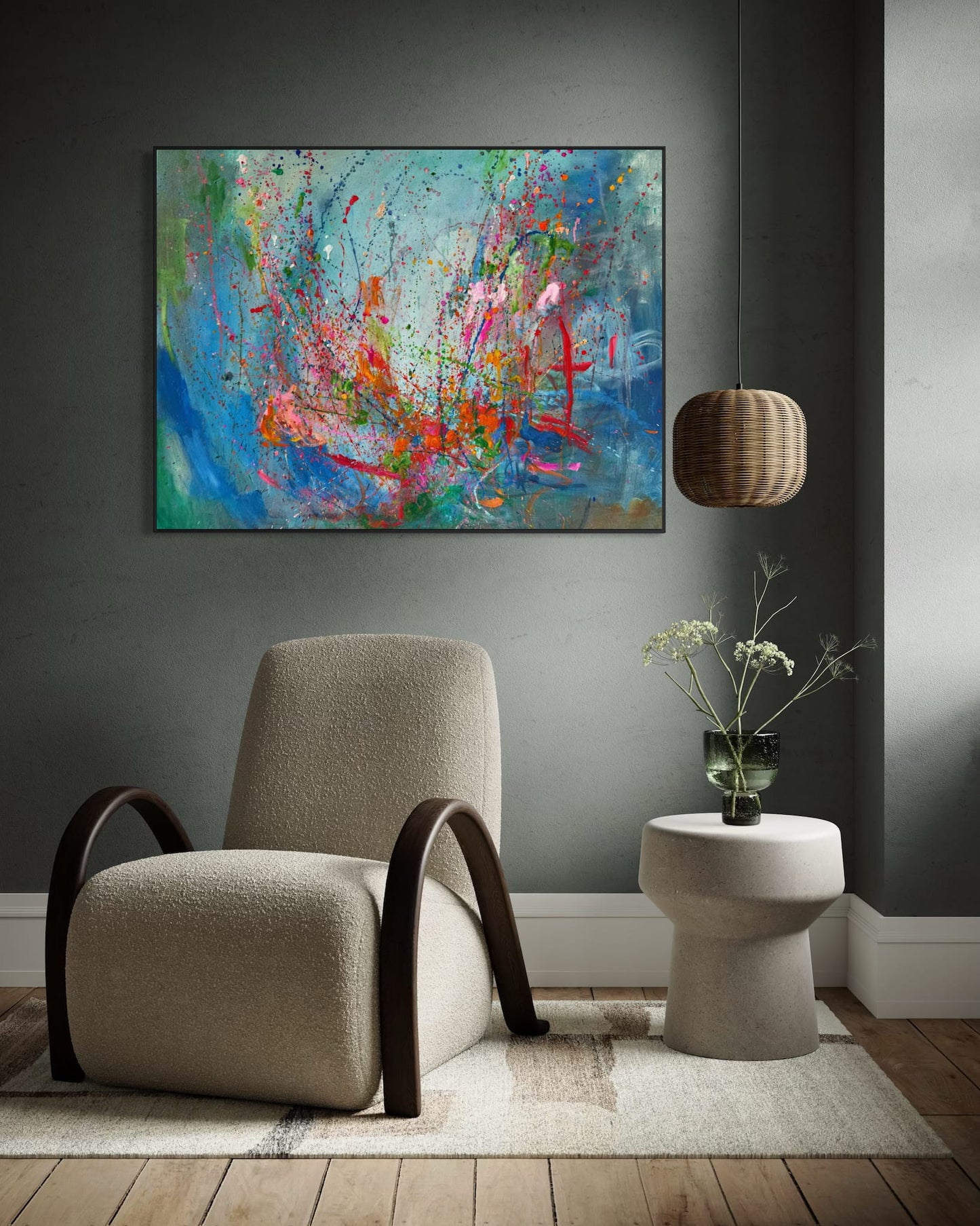 Roller Coaster abstract painting in living room above beige boucle armchair