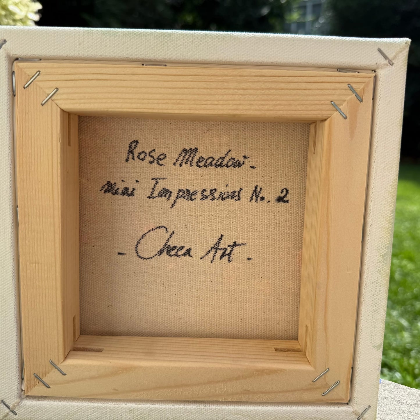 Back of canvas showing handwritten title Rose Meadow, Mini Impressions No. 2, original artwork by Maria-Victoria Checa, Checa Art