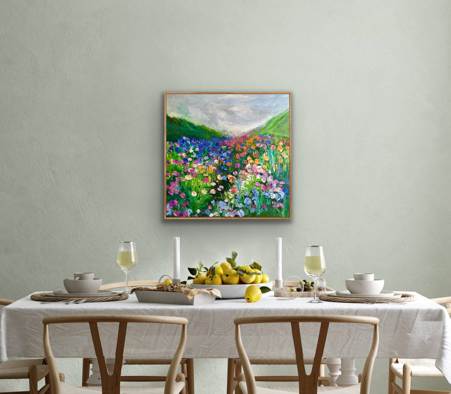 Somewhere in the Meadow original oil painting by Maria-Victoria Checa displayed above a dining table in a sage green dining room, 36x36 inches