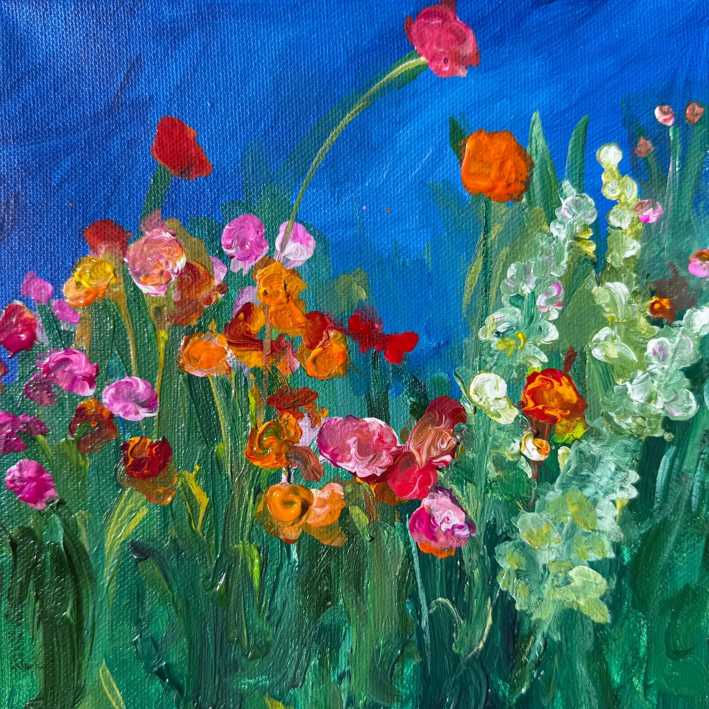 Summer Sky Garden, original impressionist floral painting by Maria-Victoria Checa, 8x8 inches (20.3x20.3 cm) acrylic on canvas, blue sky and mixed garden flowers, Miniature Impressions series, Washington DC artist