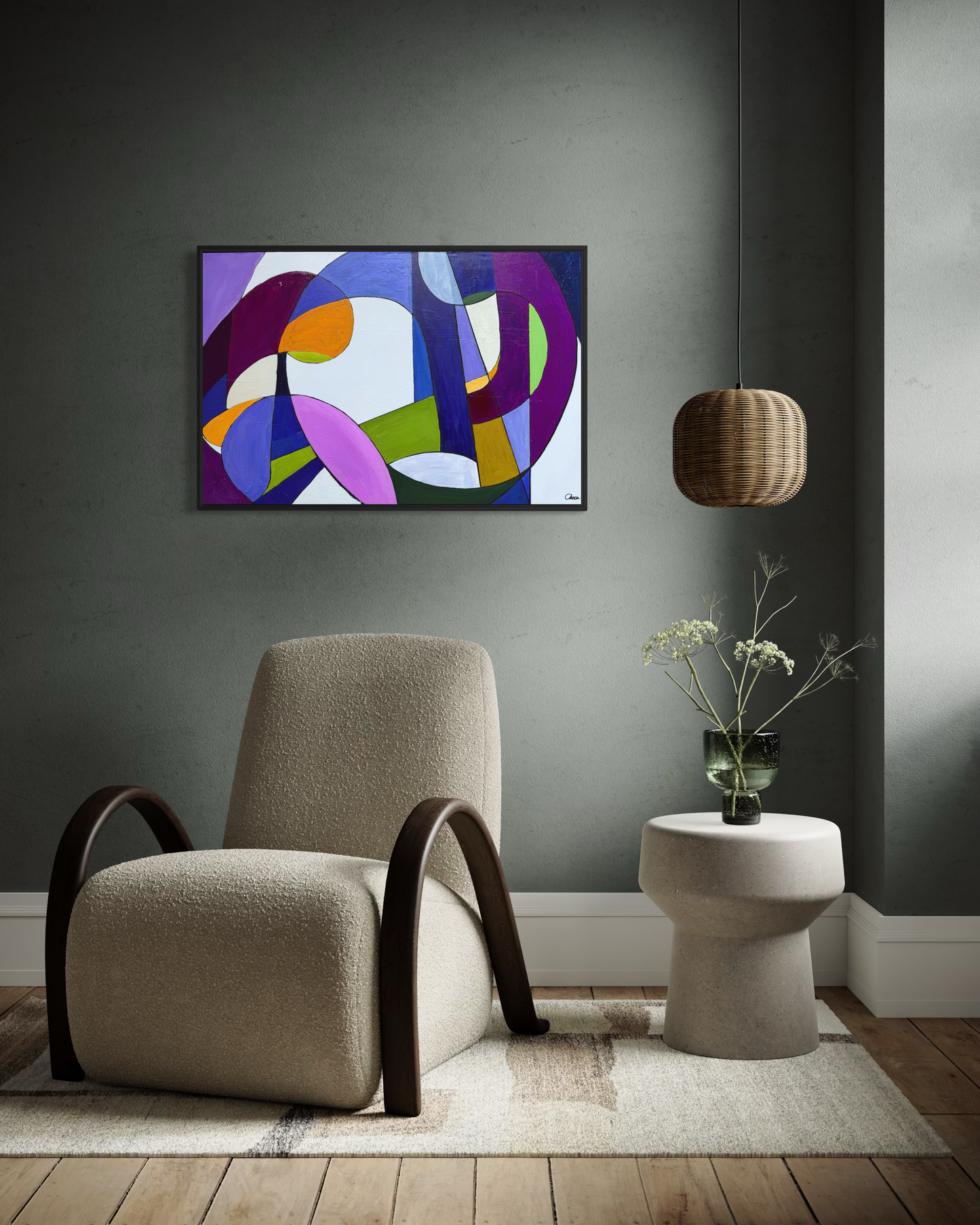 The Meal geometric abstract painting hanging above a contemporary lounge chair in a warm, modern interior.