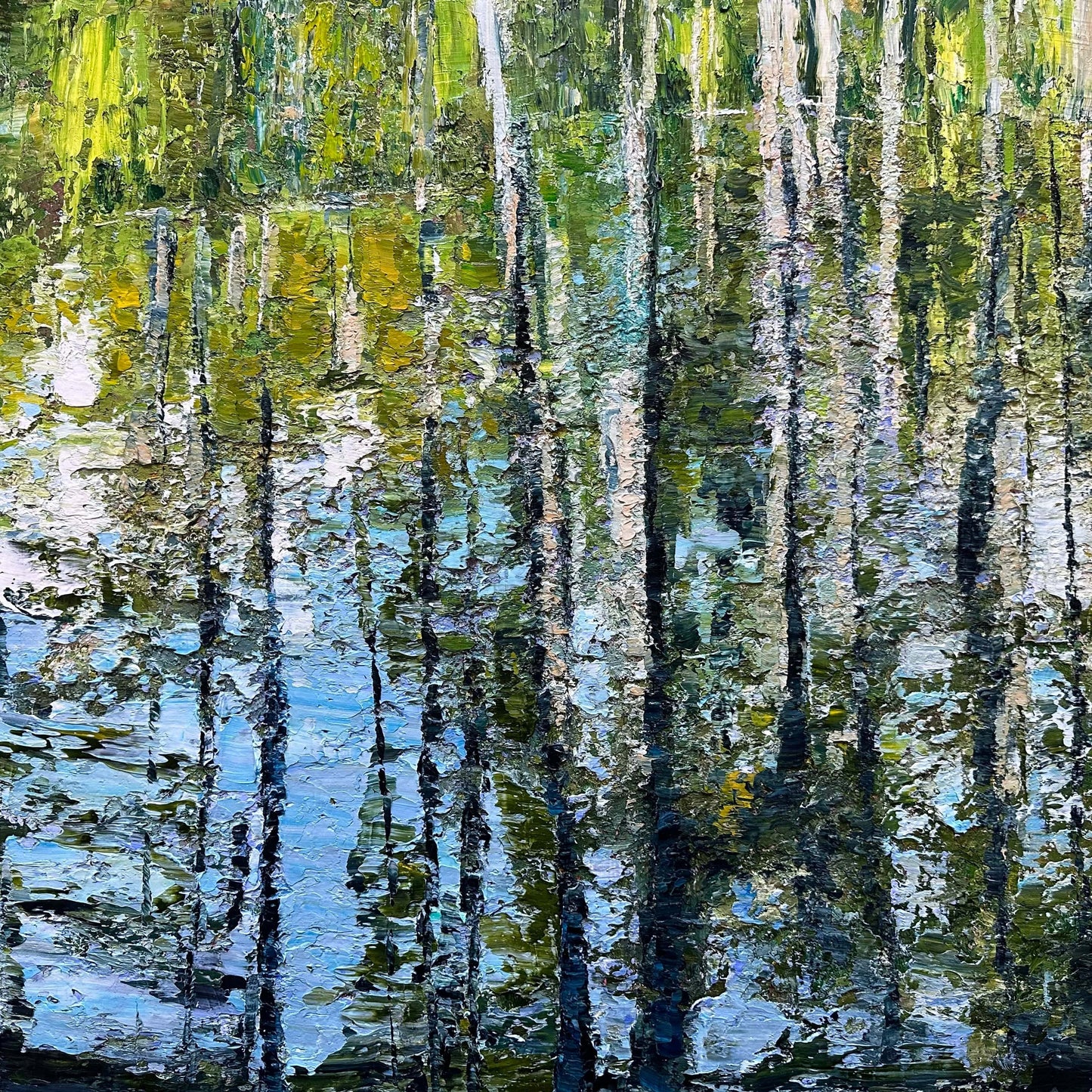 Impressionist landscape painting “Cypress Gardens Reflection” by Maria-Victoria Checa featuring cypress trees reflected in calm water.