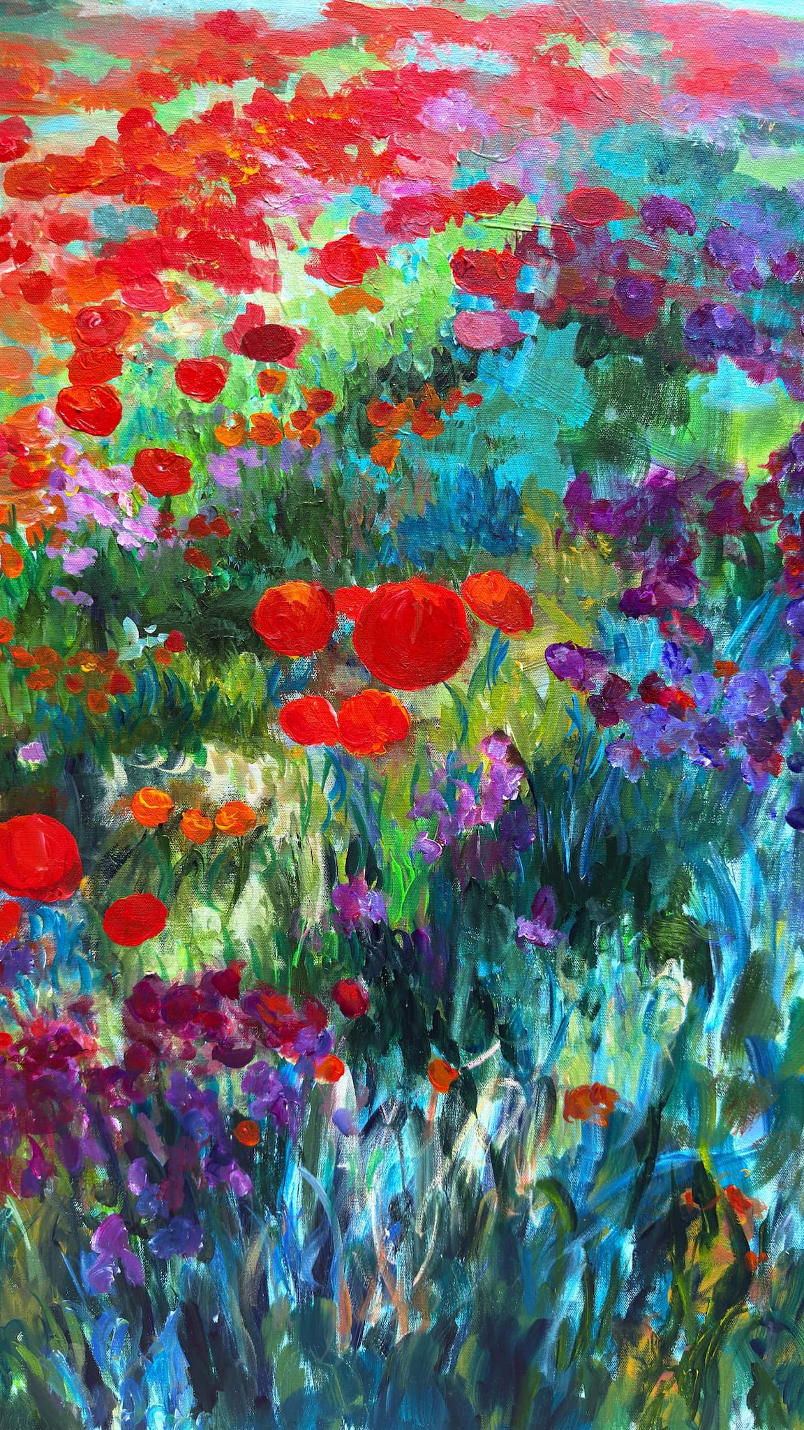 Detail of Whimsical Poppy Field by Maria-Victoria Checa — bold red poppies and wildflowers cascading across a luminous green and teal garden, impressionist acrylic painting