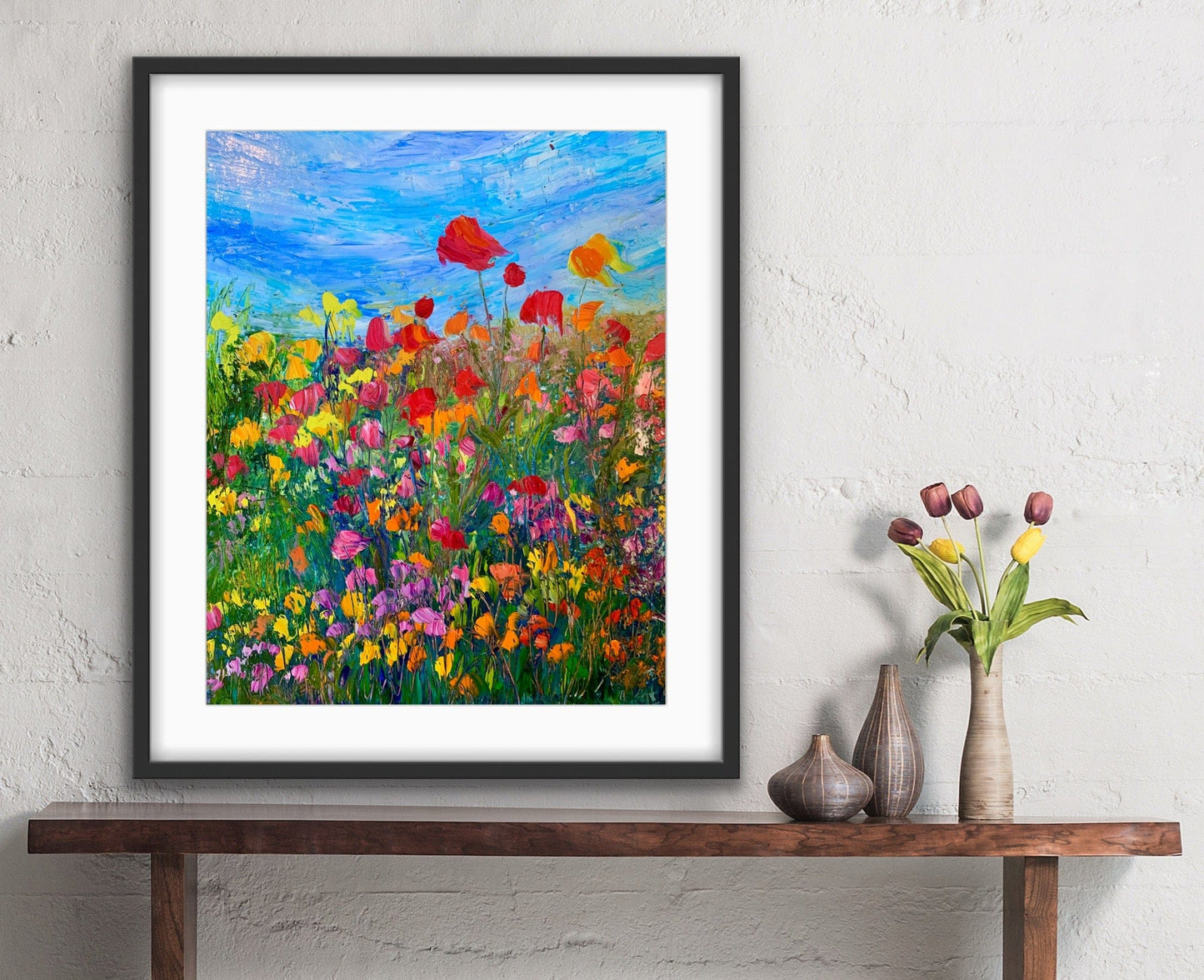 Framed Wild Poppy floral art print by Maria-Victoria Checa displayed in a modern interior.