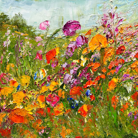 abstract impressionist oil painting of a flower field in tones of oranges and yellows measuring 12" x 12"