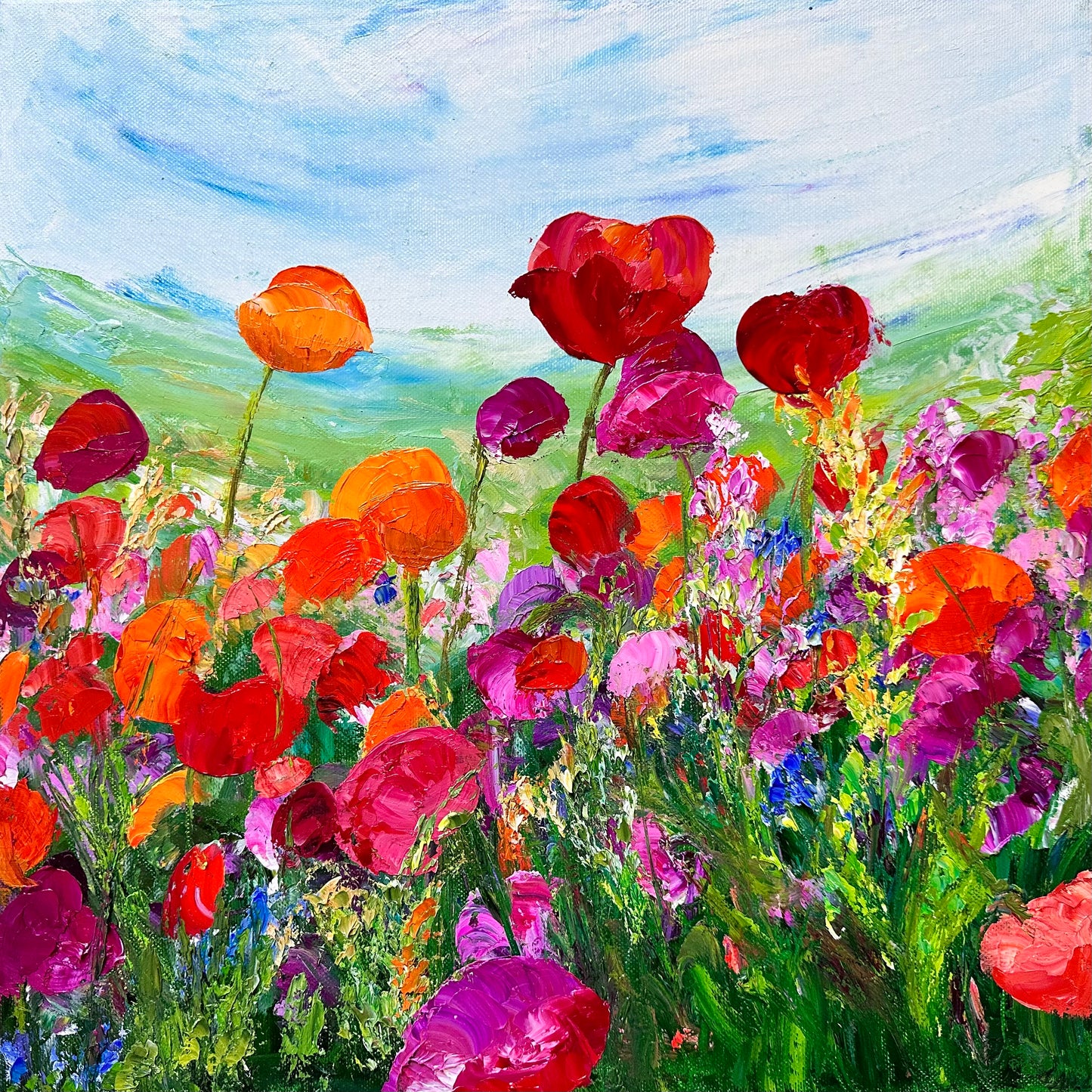 abstract impressionist oil painting of a field of flowers in tones of of oranges and purples