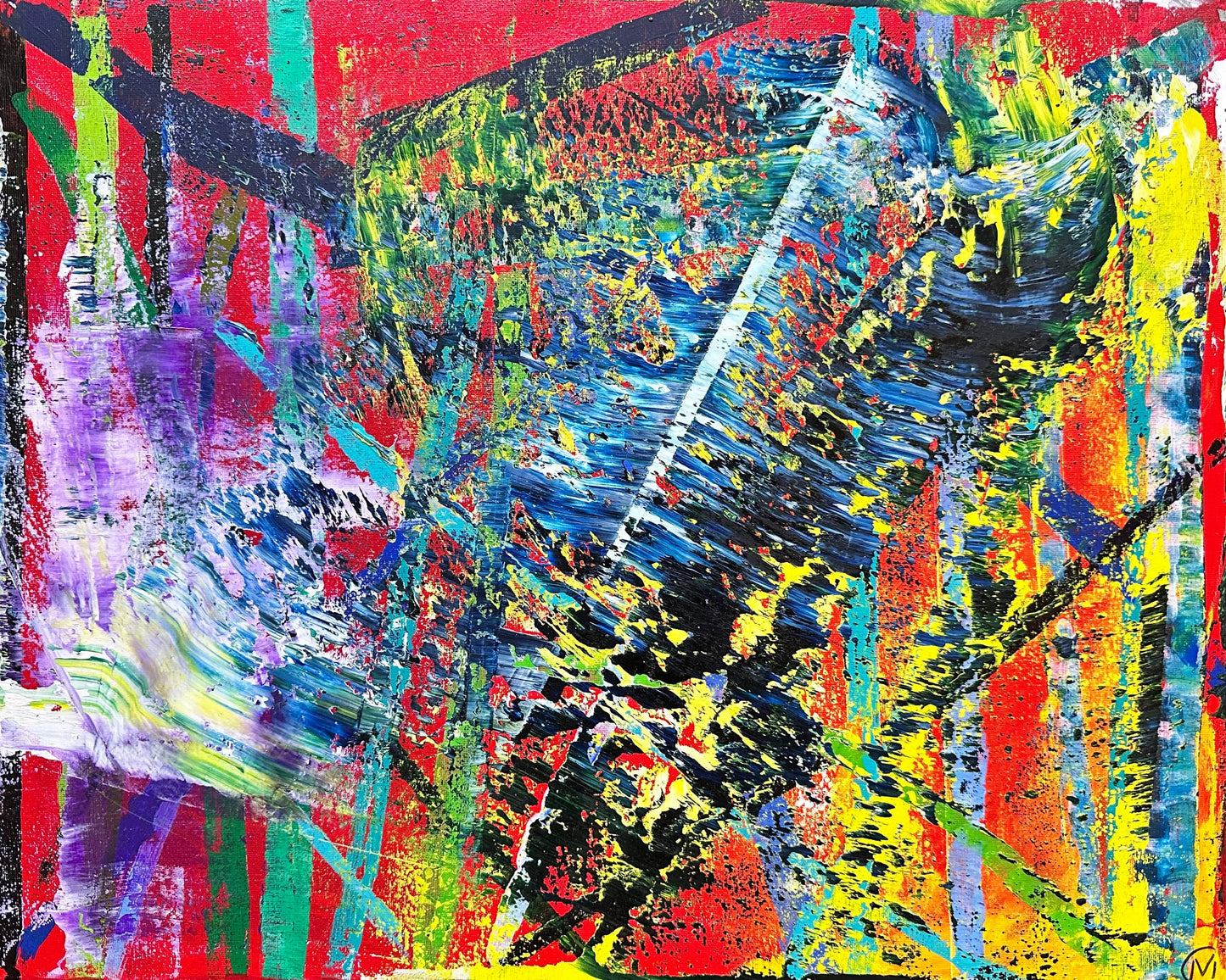 Swoosh! abstract oil painting by Maria-Victoria Checa, expressive squeegee technique in red, chartreuse, navy and yellow